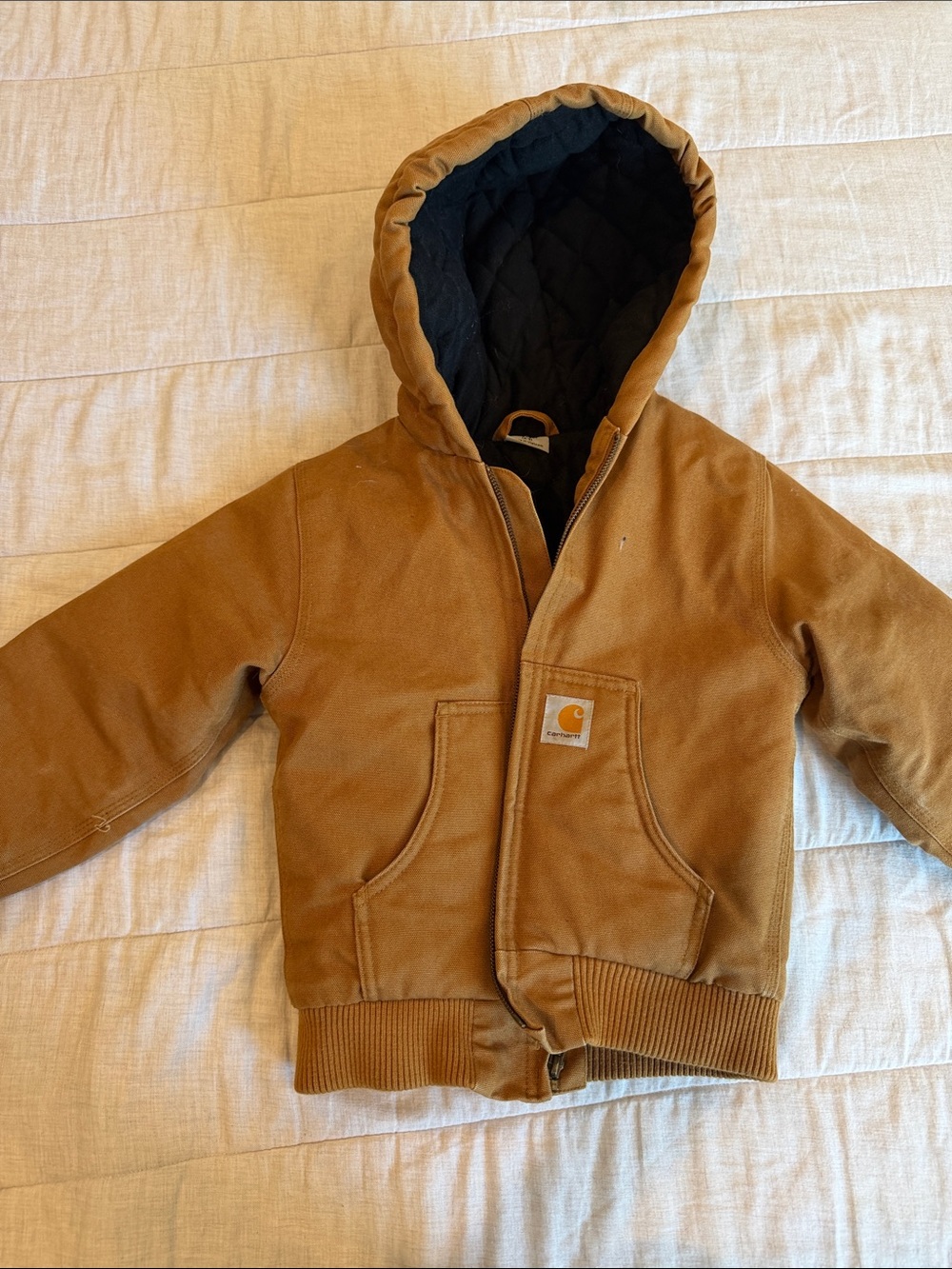 Toddler Carhartt Tan Hooded Work Jacket with Black Quilted Hood